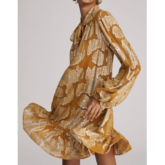 Anthropologie Dresses & Skirts - Anthropologie Maeve Flowy Mini Dress Tie Neck Long Cuffed Sleeve Gold Metallic L